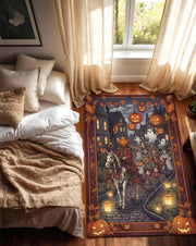 Halloween Parade Rug, Pumpkin Ghost Carpet, Trick Or Treat Fall Decor, Spooky Autumn Tapestry, Washable Haunted Town Halloween Mat