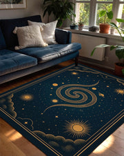 Celestial Galaxy Area Rug, Dark Blue Spiral Star Carpet, Mystical Cosmic Moon and Sun Rug for Living Room, Astral Universe Inspired Mat