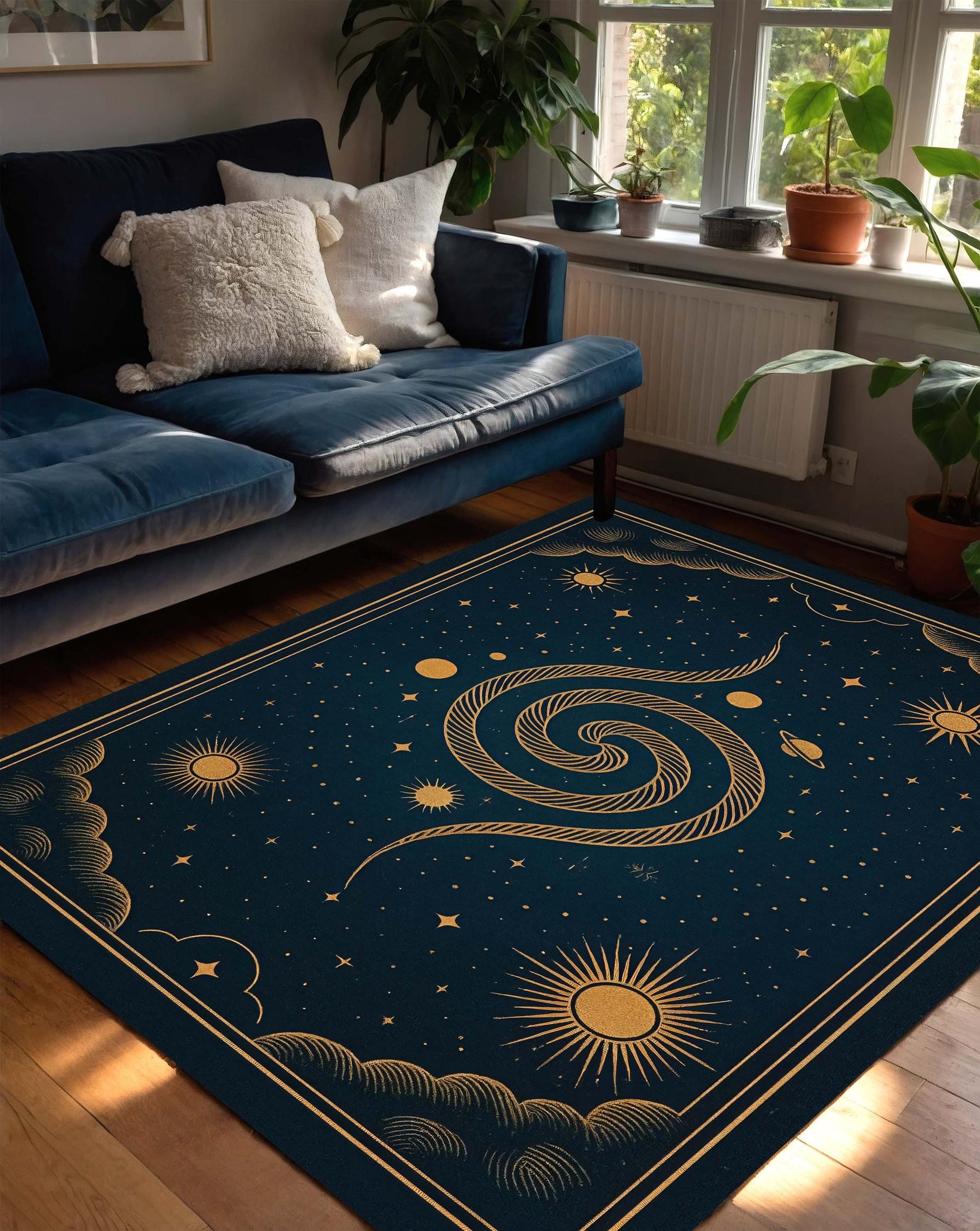 Celestial Galaxy Area Rug, Dark Blue Spiral Star Carpet, Mystical Cosmic Moon and Sun Rug for Living Room, Astral Universe Inspired Mat