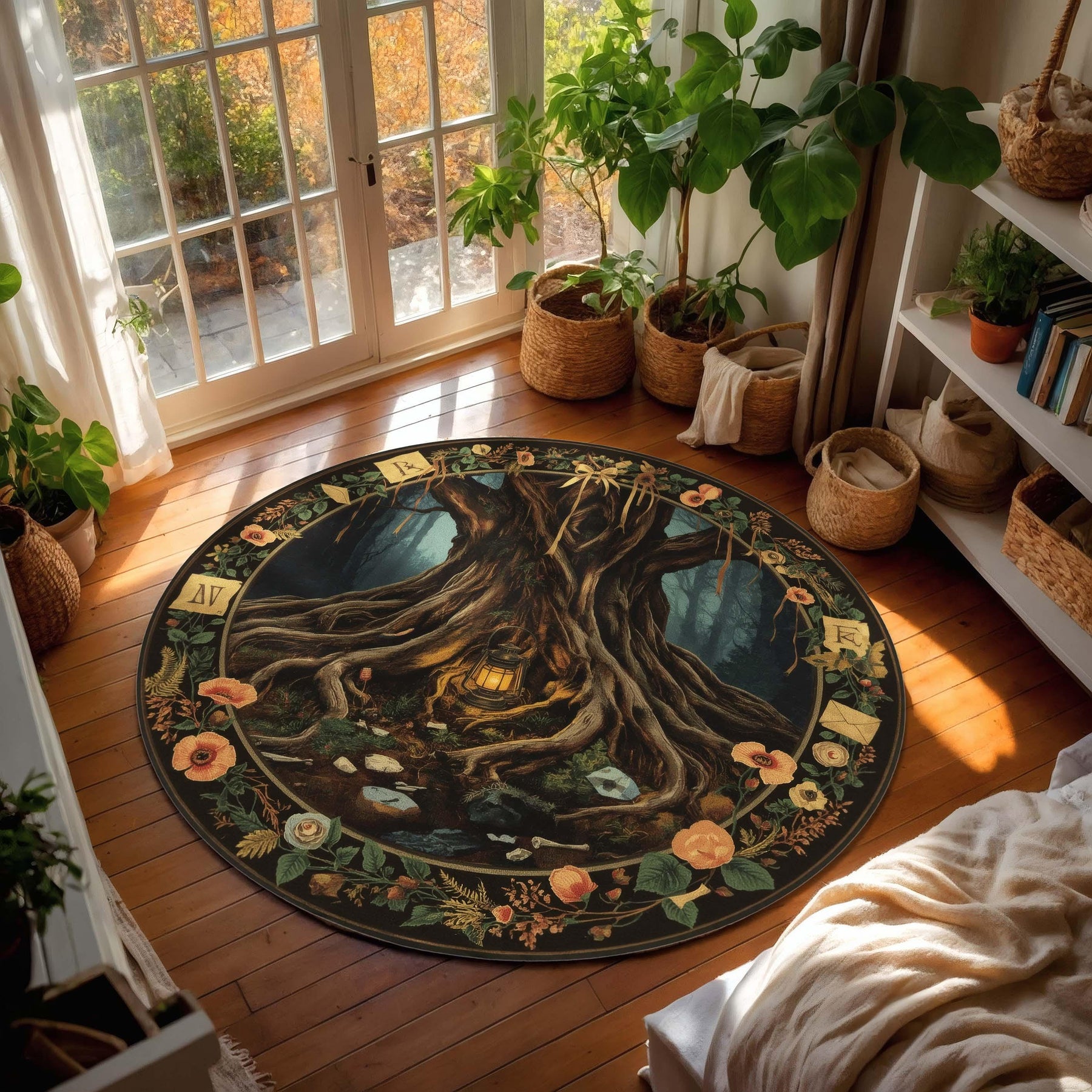 Ancient Tree Round Rug | Mystical Forest Carpet with Lantern, Roots & Floral Symbols | Fairytale Woodland Decor | Fantasy Nature Room Decor