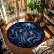 Mystic Lantern Jellyfish Rug, Fantasy Round Carpet with Floating Dome and Tentacles, Dark Surreal Night Sky Area Rug, Magical Floor Decor