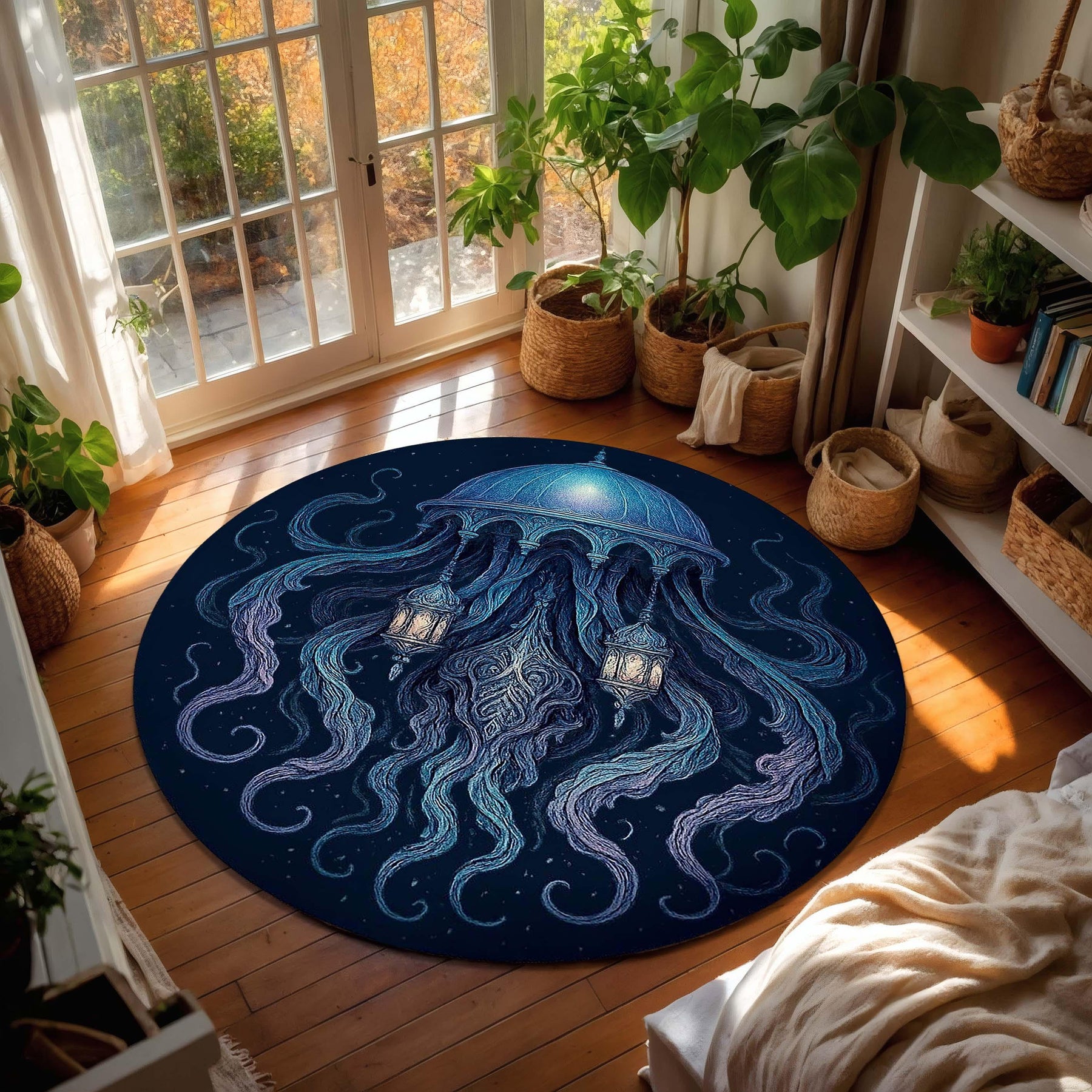 Mystic Lantern Jellyfish Rug, Fantasy Round Carpet with Floating Dome and Tentacles, Dark Surreal Night Sky Area Rug, Magical Floor Decor