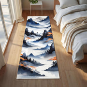 Zen Mountain Runner Rug | Japandi Style Landscape Carpet with Ink Wash Peaks, Pines & Orange Accents | Meditative Hallway or Entryway Decor