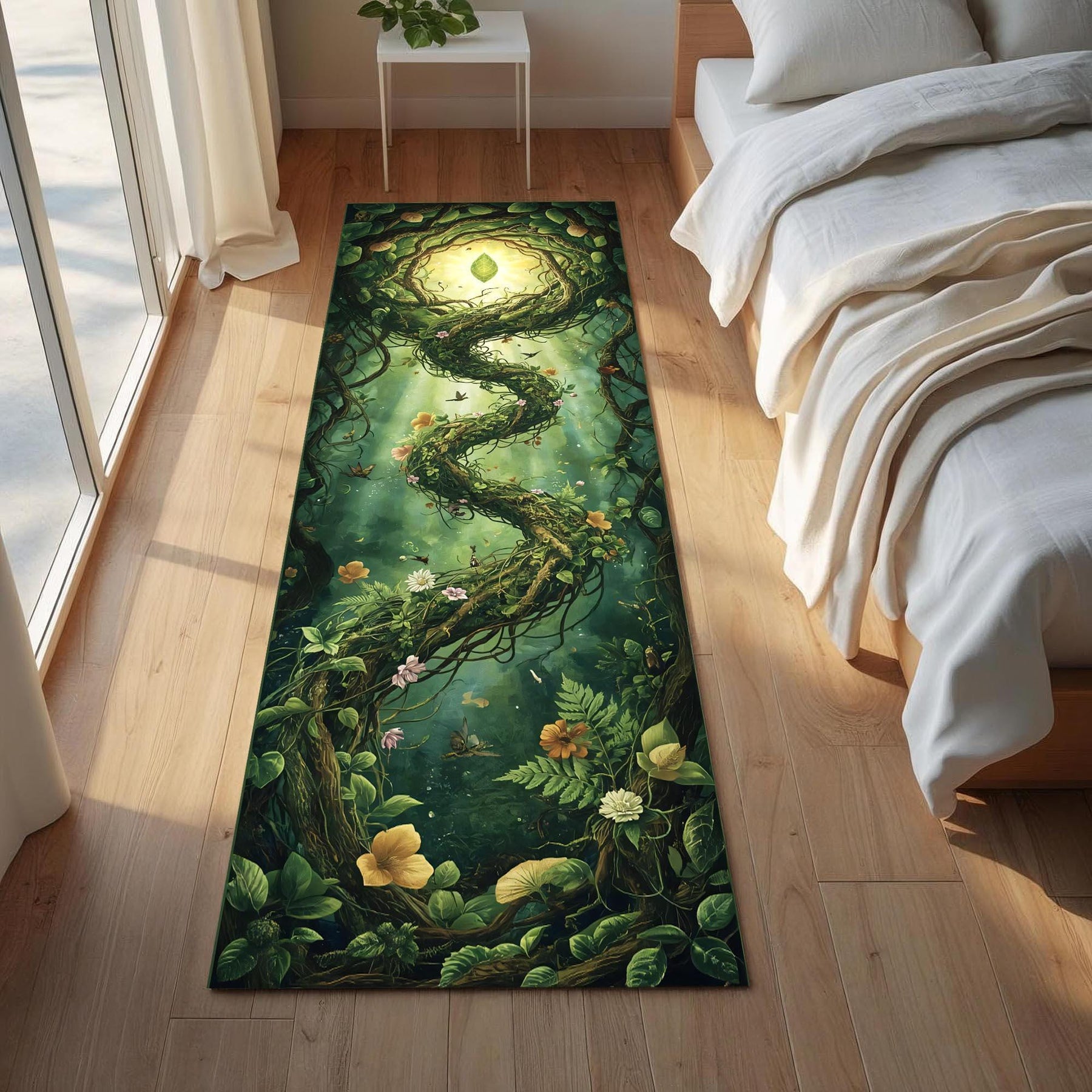 Enchanted Forest Runner Rug, Spiral Vine Path Nature Carpet, Botanical Fairycore Hallway Rug with Leaves, Flowers and Magical Light