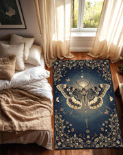 Moth Moon Phases Rug, Gothic Butterfly Celestial Carpet, Dark Blue Astrology Floor Mat, Witchy Floral Mystic Decor for Boho Spiritual Homes