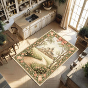 Châteaucore Castle Rug, Fairytale Rose Path Carpet, French Storybook Decor, Antique Style Tapestry Rug, Romantic Pastel Castleview Rug