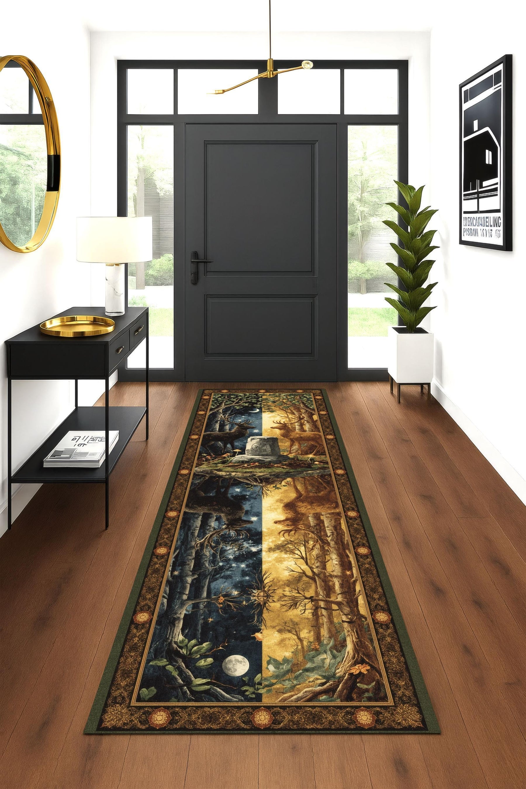 Twin Antler Grove Rug, Day and Night Deer Runner, Mythical Forest Rug, Fantasy Tapestry Hallway Mat, Woodland Stag Rug, Washable Decor Rug