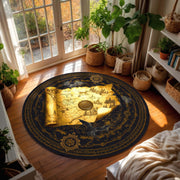 Fantasy RPG World Map Rug, Golden Scroll Round Carpet with Dragons, Castles and Magic Seal, Epic Gamer Decor for DnD Fantasy Lovers