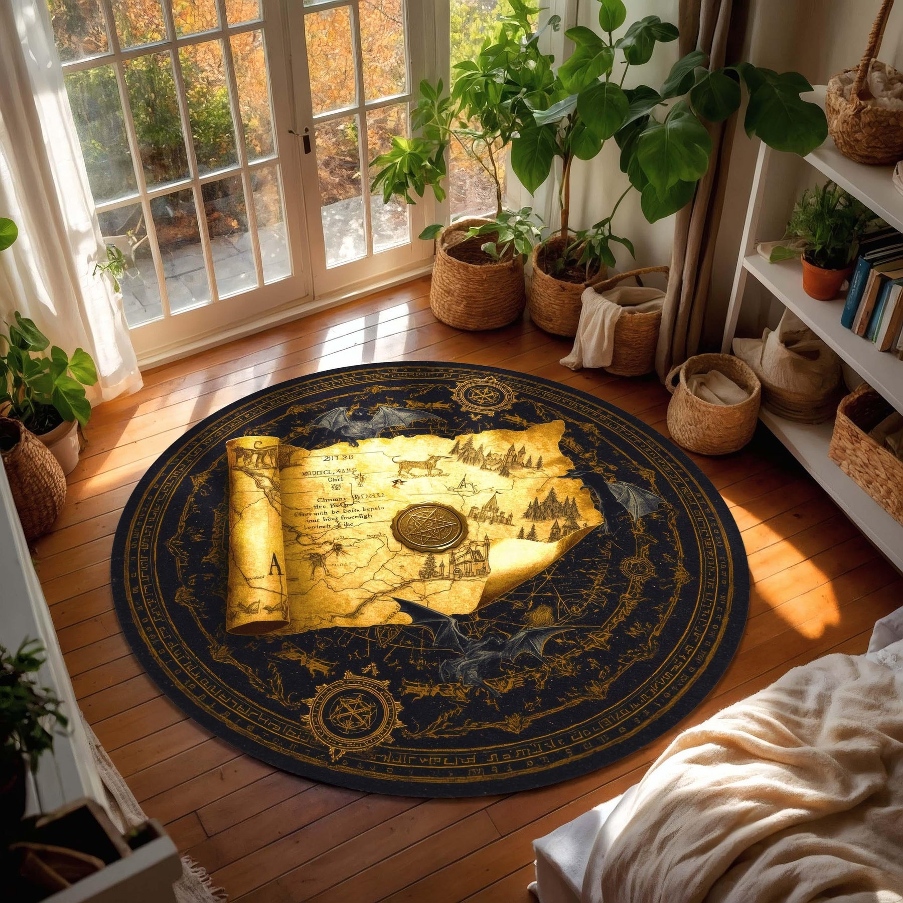 Fantasy RPG World Map Rug, Golden Scroll Round Carpet with Dragons, Castles and Magic Seal, Epic Gamer Decor for DnD Fantasy Lovers