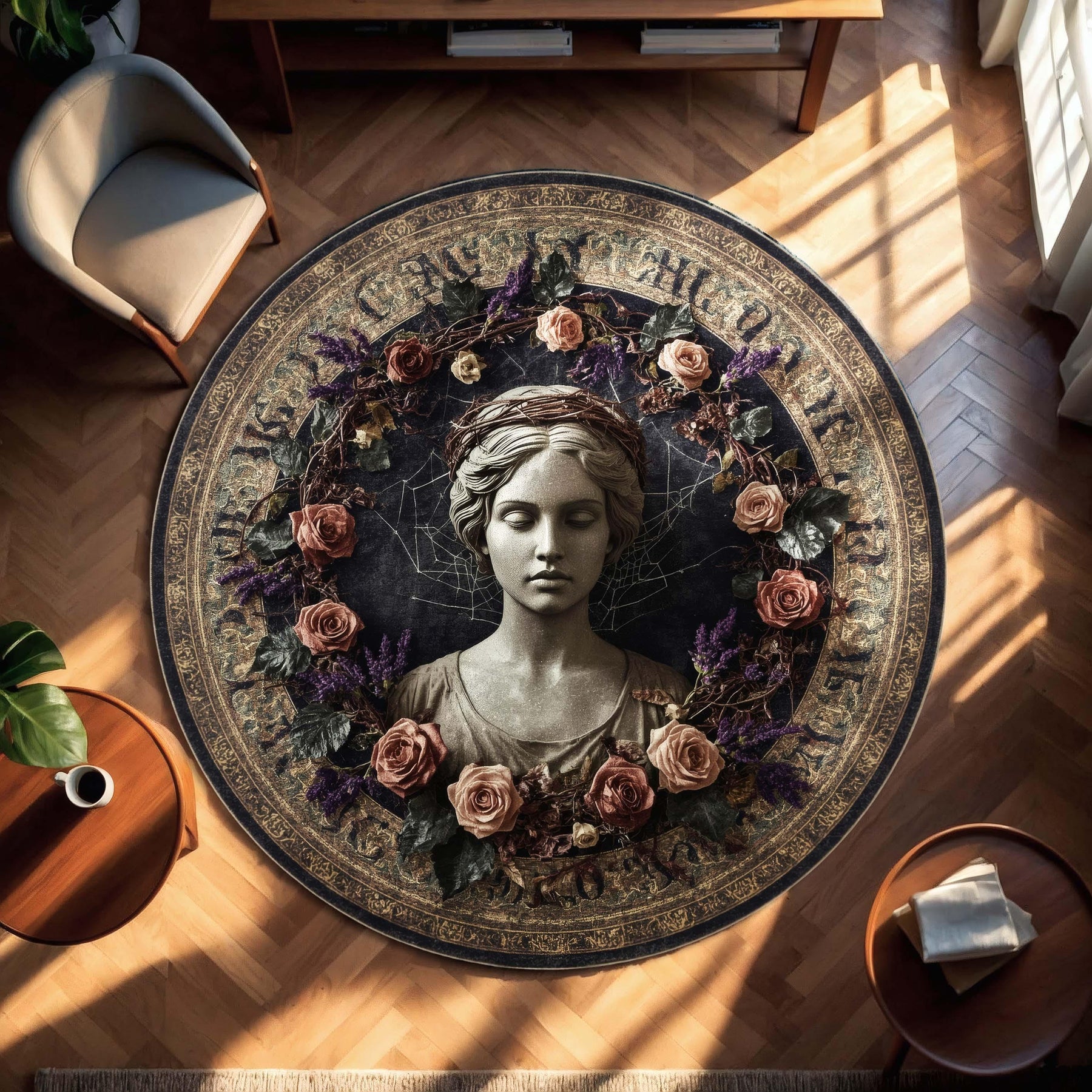 Gothic Statue Round Rug | Antique Bust with Dried Roses & Ornate Golden Border | Romantic Dark Academia Style Carpet