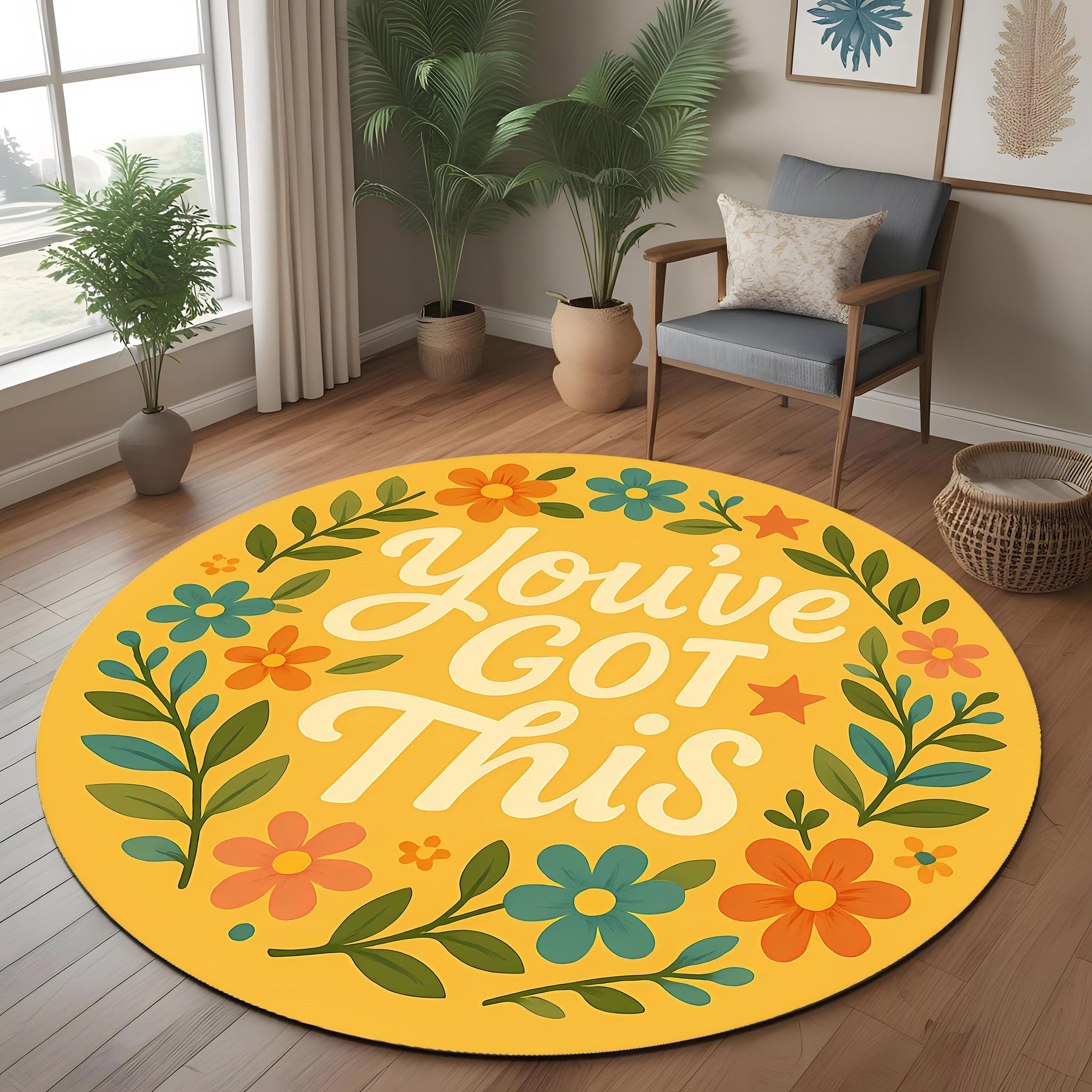 You’ve Got This Round Rug: Motivational Quote Rug with Colorful Florals for Gift, Bedroom or Empowering Home Decor
