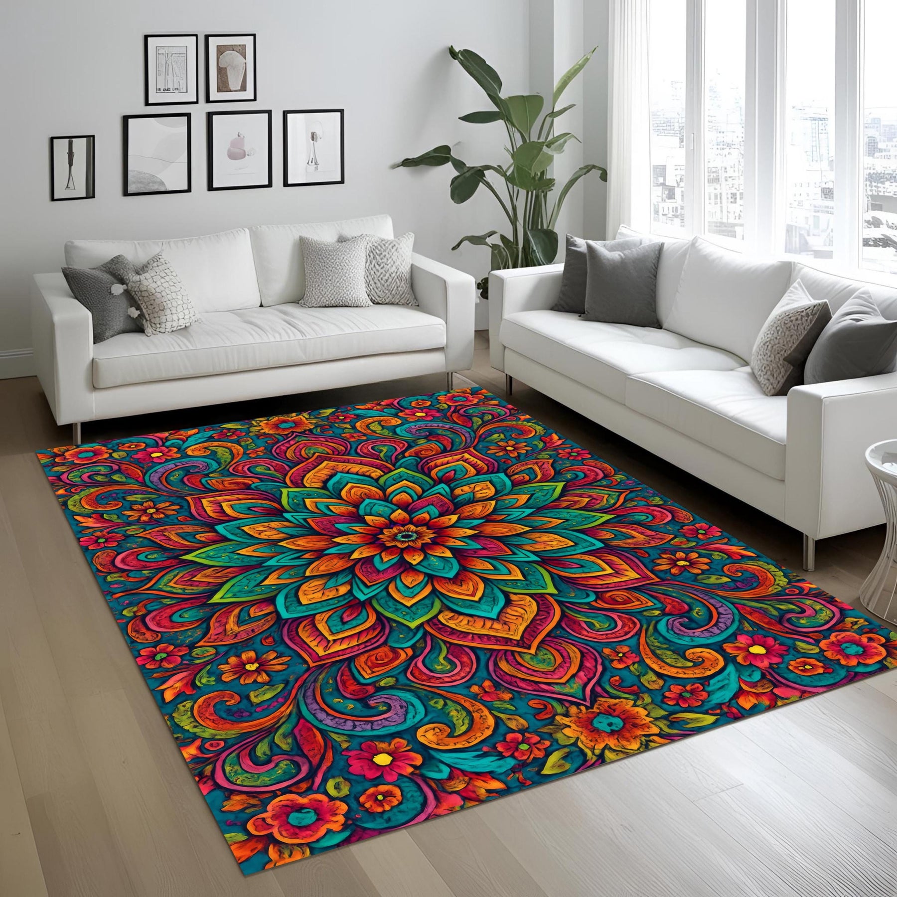 Colorful Mandala Rug: Vibrant Boho Floral Carpet for Living Room, Meditation Space, Artistic Home, Yoga or Zen Decor