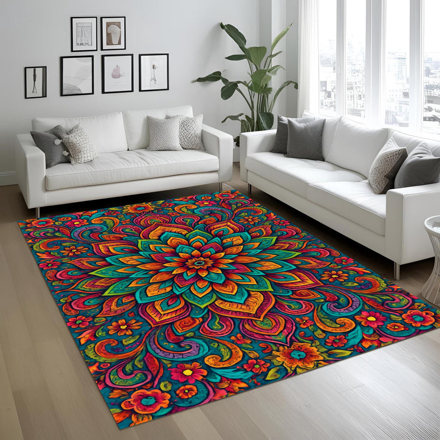 Colorful Mandala Rug: Vibrant Boho Floral Carpet for Living Room, Meditation Space, Artistic Home, Yoga or Zen Decor