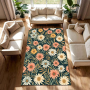Vintage Daisy Floral Area Rug in Dark Teal, Botanical Flower Carpet, Washable Non Slip Living Room Bedroom Decor, Boho Retro Pattern