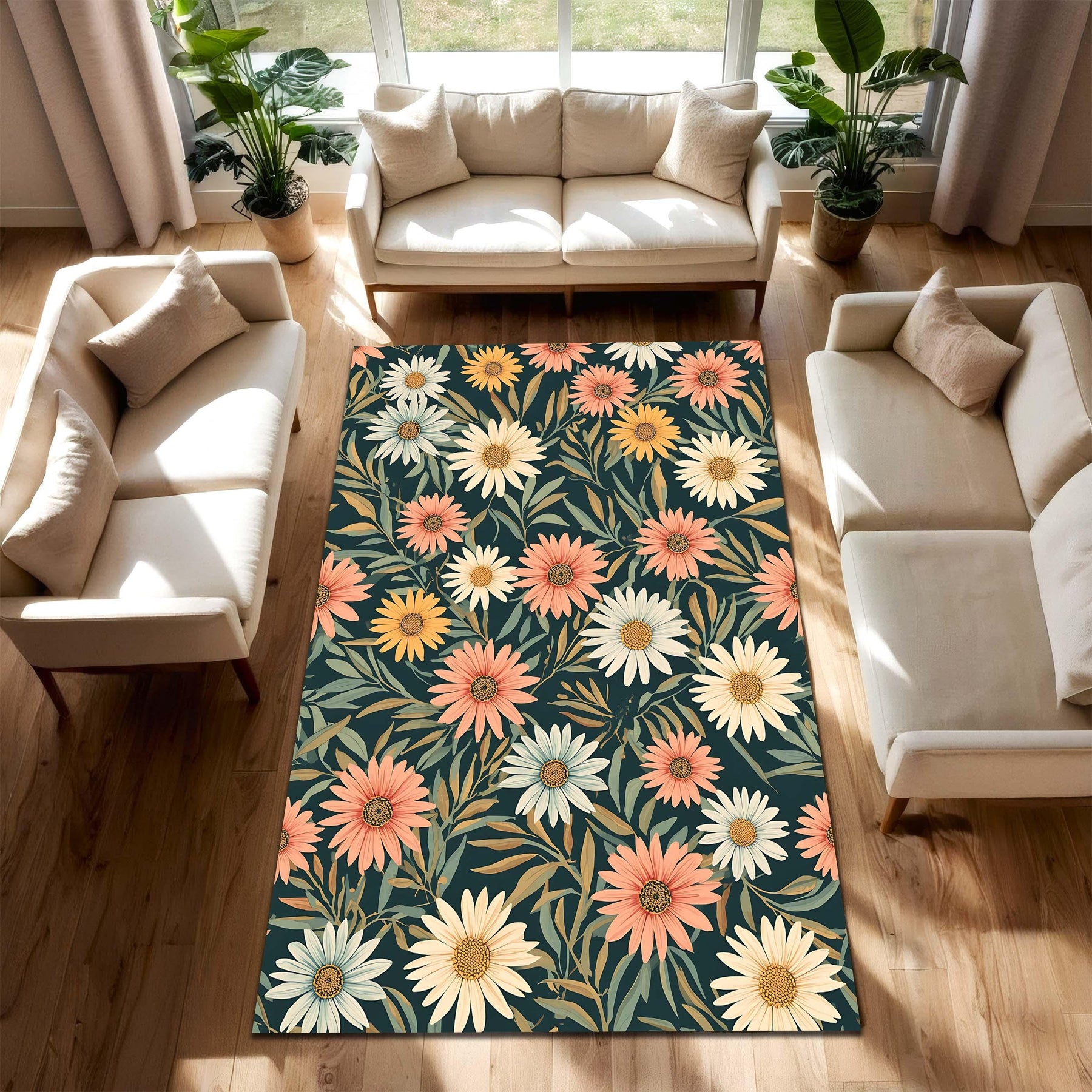 Vintage Daisy Floral Area Rug in Dark Teal, Botanical Flower Carpet, Washable Non Slip Living Room Bedroom Decor, Boho Retro Pattern