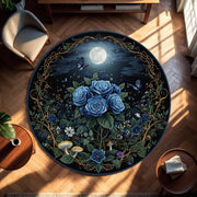 Round Dark Floral Rug With Blue Roses Moon And Butterflies, Mystical Garden Carpet For Boho Bedroom Decor, Dark Botanical Cottagecore Decor