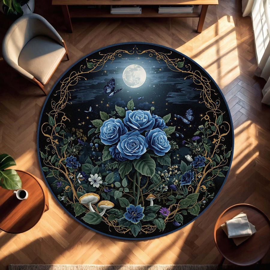 Round Dark Floral Rug With Blue Roses Moon And Butterflies, Mystical Garden Carpet For Boho Bedroom Decor, Dark Botanical Cottagecore Decor