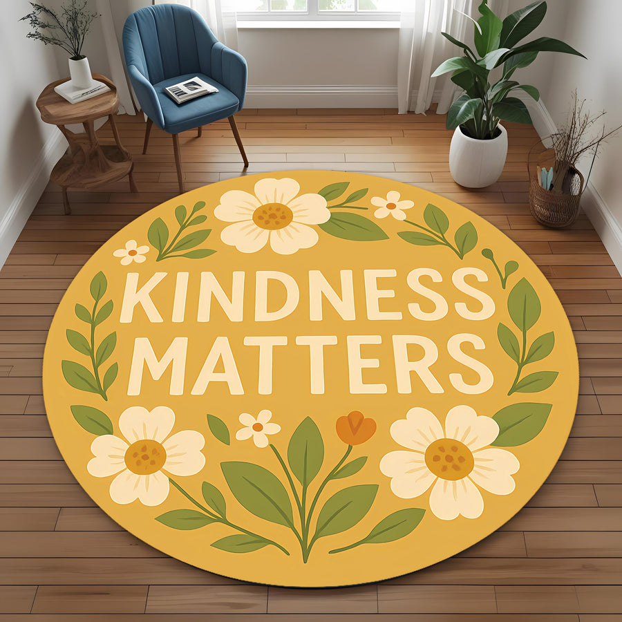 Kindness Matters Round Rug: Positive Quote Rug with Floral Design for Gift, Cozy Spaces or Mental Health Support Decor