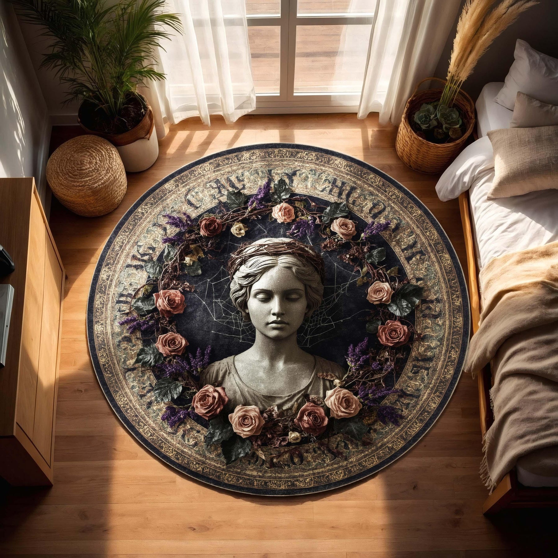Gothic Statue Round Rug | Antique Bust with Dried Roses & Ornate Golden Border | Romantic Dark Academia Style Carpet