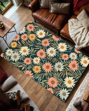 Vintage Daisy Floral Area Rug in Dark Teal, Botanical Flower Carpet, Washable Non Slip Living Room Bedroom Decor, Boho Retro Pattern