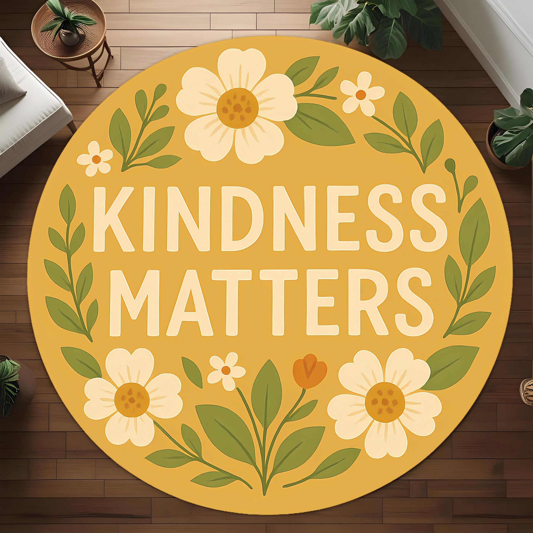 Kindness Matters Round Rug: Positive Quote Rug with Floral Design for Gift, Cozy Spaces or Mental Health Support Decor