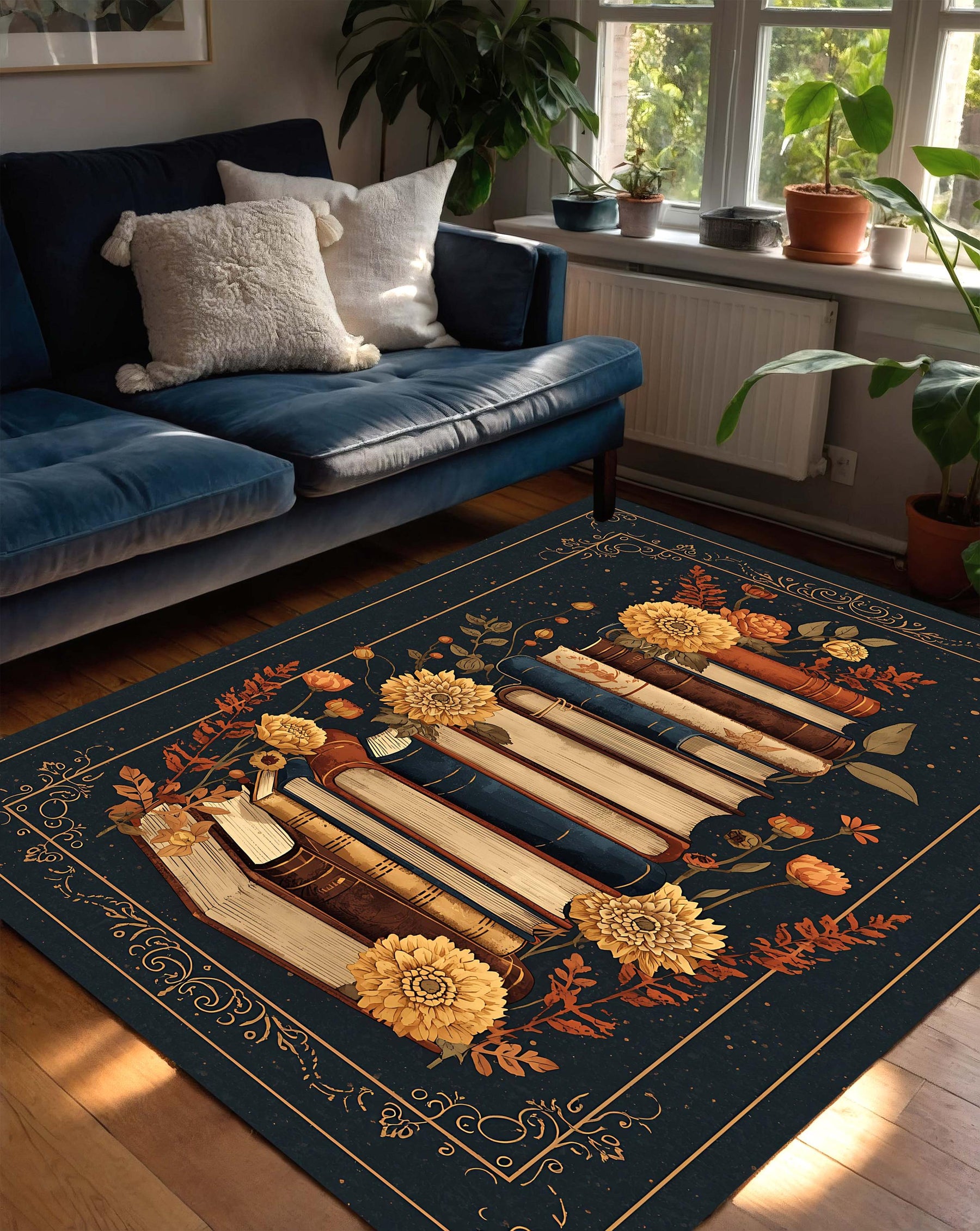 Book Lover Area Rug, Vintage Books Floral Carpet, Dark Botanical Library Rug for Reading Nook, Boho Cottagecore Living Room Decor Gift