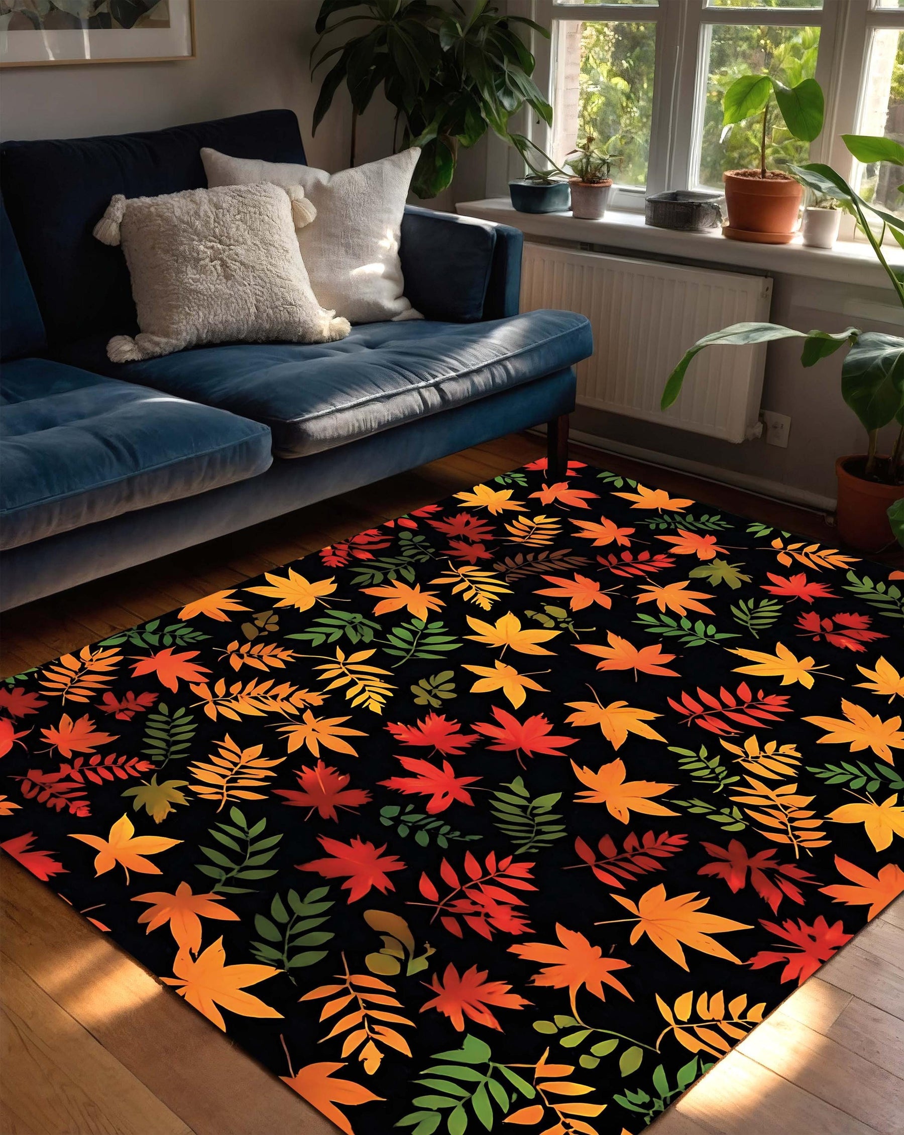Autumn Leaves Area Rug with Black Background, Fall Foliage Carpet for Living Room, Modern Seasonal Floral Pattern, Dark Botanical Carpet