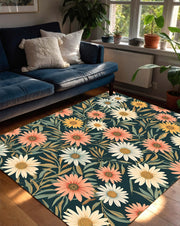 Vintage Daisy Floral Area Rug in Dark Teal, Botanical Flower Carpet, Washable Non Slip Living Room Bedroom Decor, Boho Retro Pattern