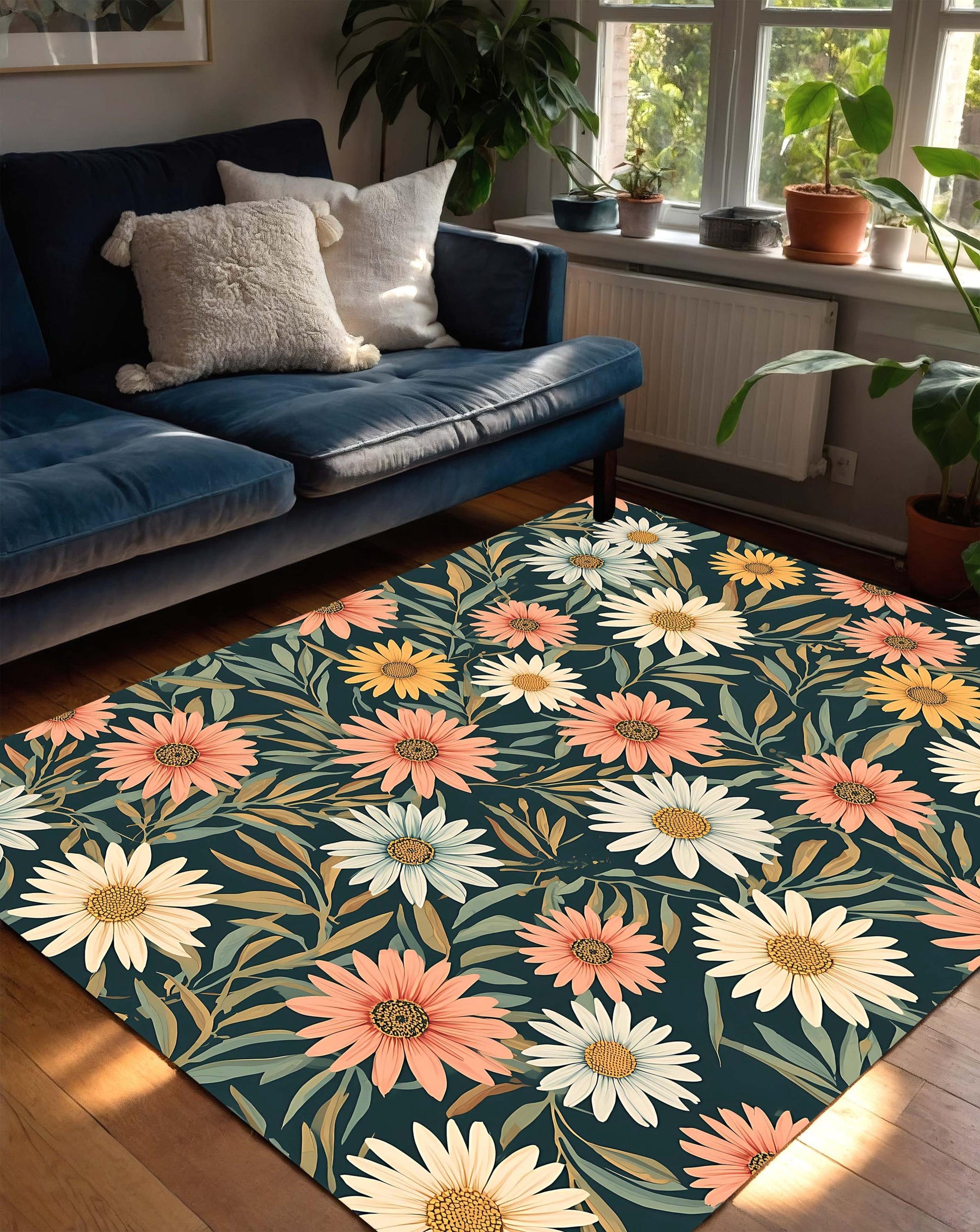 Vintage Daisy Floral Area Rug in Dark Teal, Botanical Flower Carpet, Washable Non Slip Living Room Bedroom Decor, Boho Retro Pattern