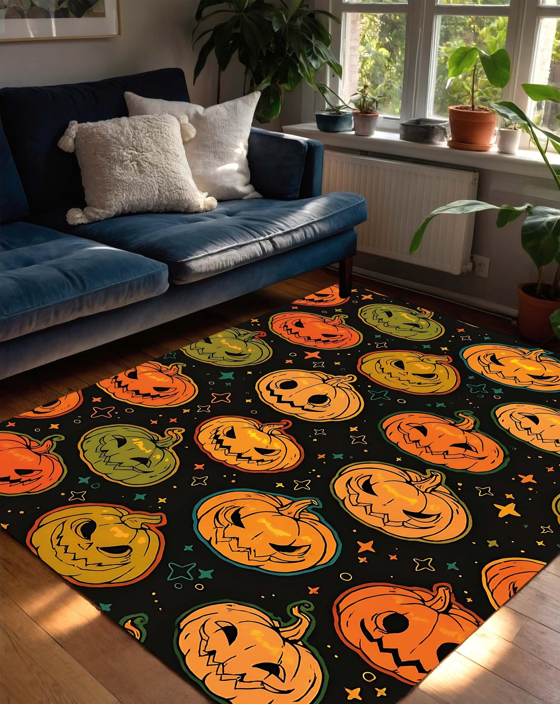 Halloween Pumpkin Area Rug with Jack O' Lantern Faces, Spooky Black Orange Green Pattern Carpet, Fall Living Room Bedroom Decor Home Accent