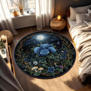 Round Dark Floral Rug With Blue Roses Moon And Butterflies, Mystical Garden Carpet For Boho Bedroom Decor, Dark Botanical Cottagecore Decor
