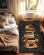 Book Lover Area Rug, Vintage Books Floral Carpet, Dark Botanical Library Rug for Reading Nook, Boho Cottagecore Living Room Decor Gift