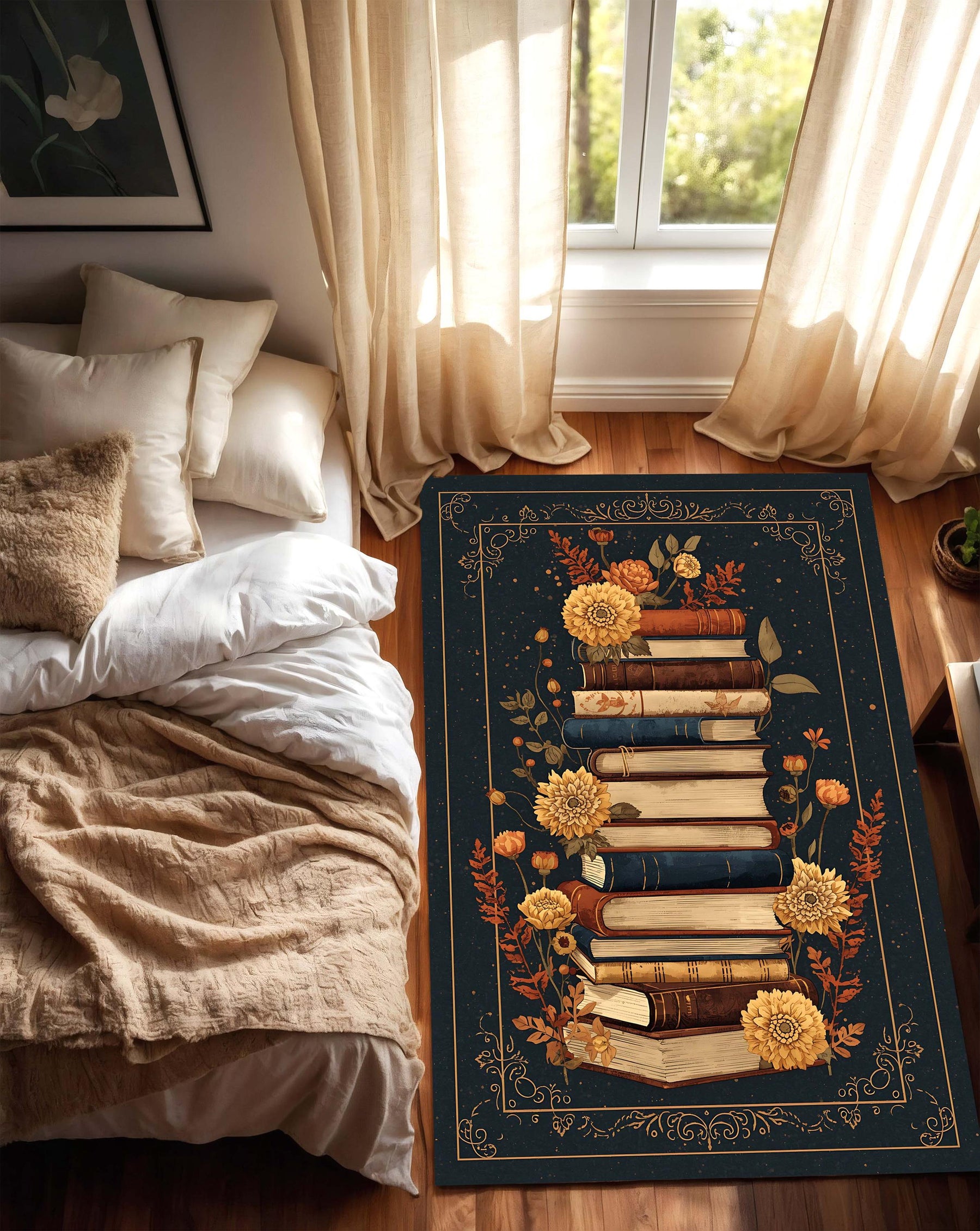 Book Lover Area Rug, Vintage Books Floral Carpet, Dark Botanical Library Rug for Reading Nook, Boho Cottagecore Living Room Decor Gift