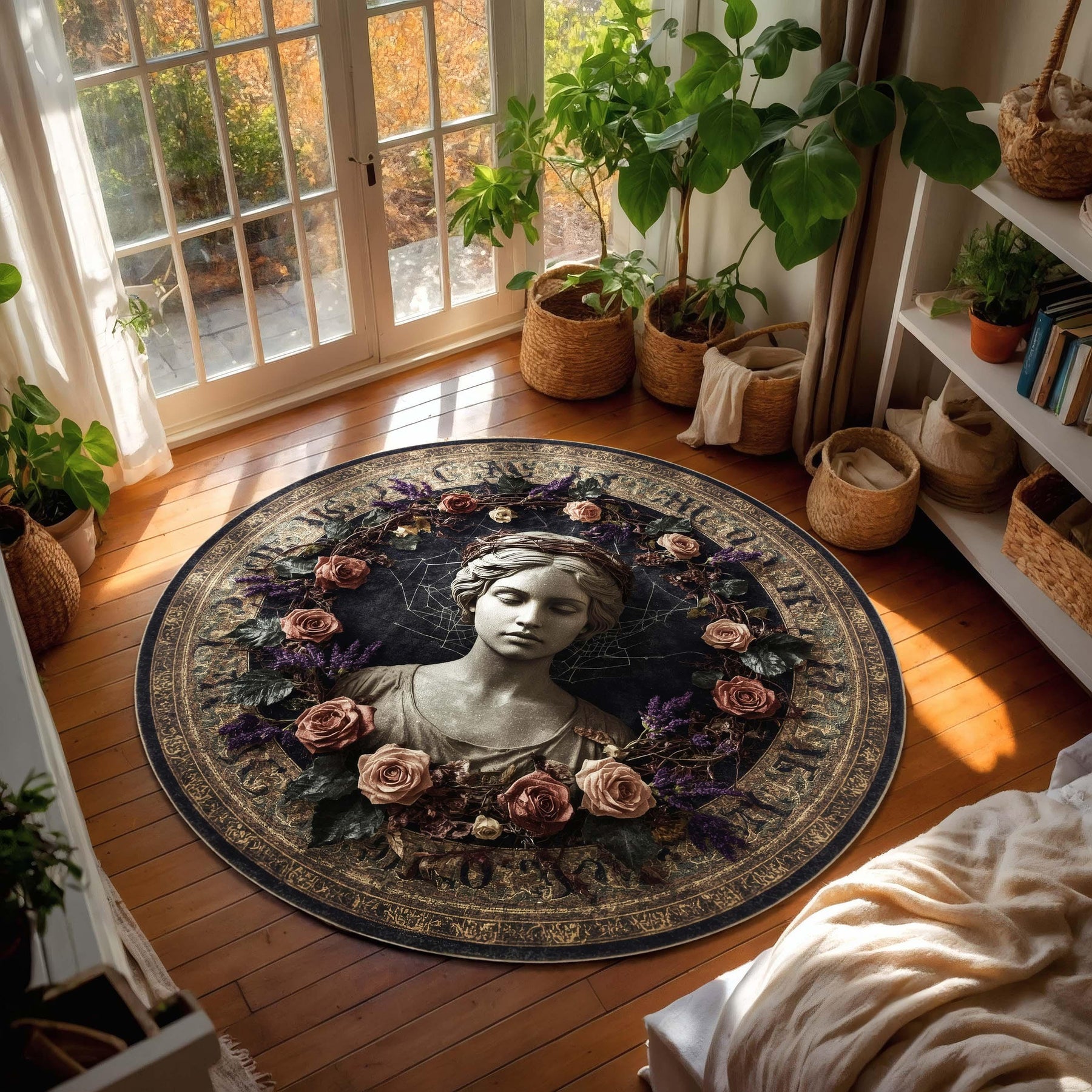 Gothic Statue Round Rug | Antique Bust with Dried Roses & Ornate Golden Border | Romantic Dark Academia Style Carpet