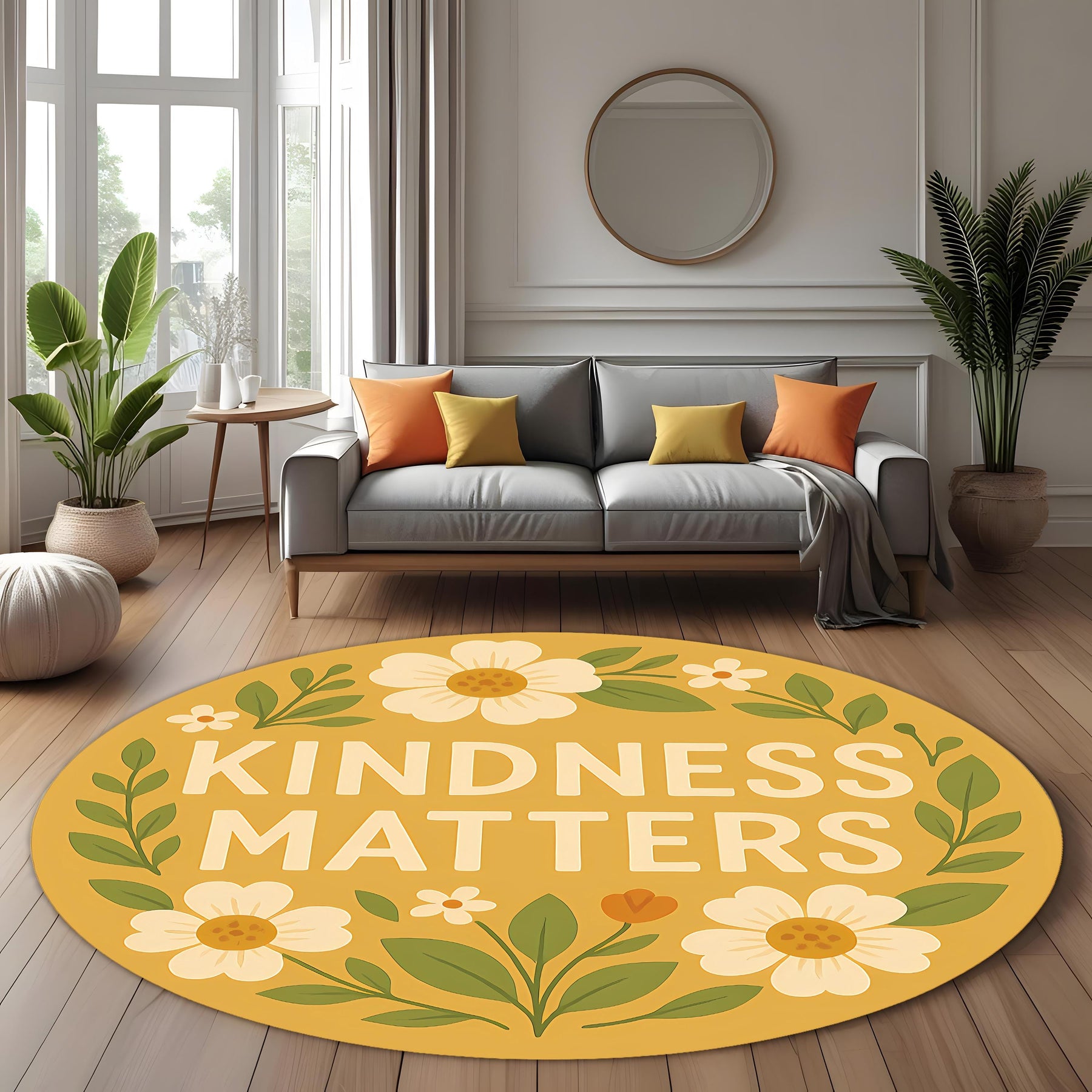 Kindness Matters Round Rug: Positive Quote Rug with Floral Design for Gift, Cozy Spaces or Mental Health Support Decor