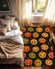 Halloween Pumpkin Area Rug with Jack O' Lantern Faces, Spooky Black Orange Green Pattern Carpet, Fall Living Room Bedroom Decor Home Accent