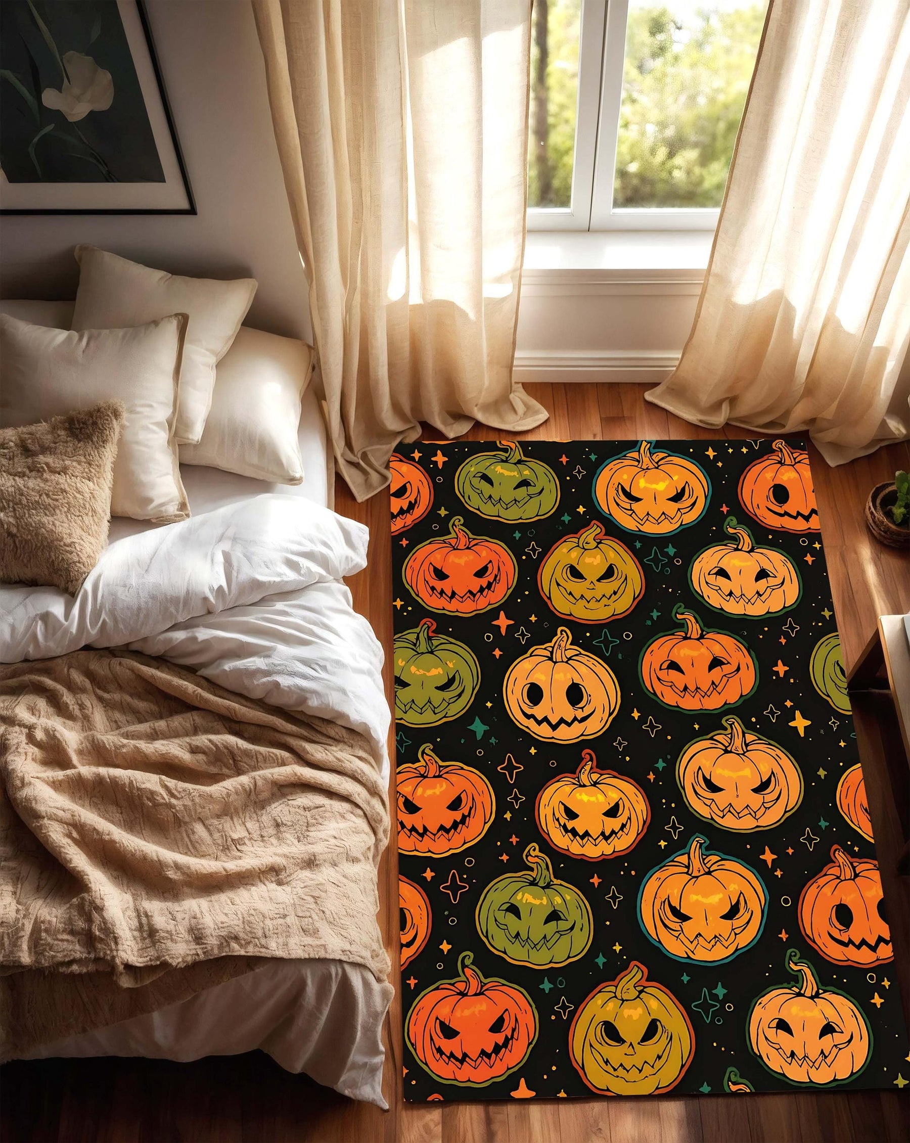 Halloween Pumpkin Area Rug with Jack O' Lantern Faces, Spooky Black Orange Green Pattern Carpet, Fall Living Room Bedroom Decor Home Accent