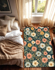 Vintage Daisy Floral Area Rug in Dark Teal, Botanical Flower Carpet, Washable Non Slip Living Room Bedroom Decor, Boho Retro Pattern