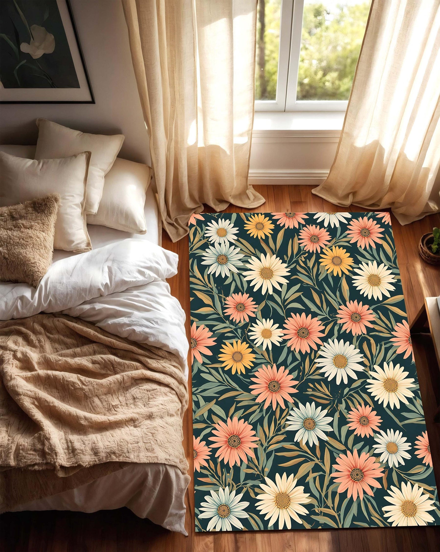 Vintage Daisy Floral Area Rug in Dark Teal, Botanical Flower Carpet, Washable Non Slip Living Room Bedroom Decor, Boho Retro Pattern