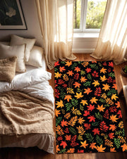 Autumn Leaves Area Rug with Black Background, Fall Foliage Carpet for Living Room, Modern Seasonal Floral Pattern, Dark Botanical Carpet