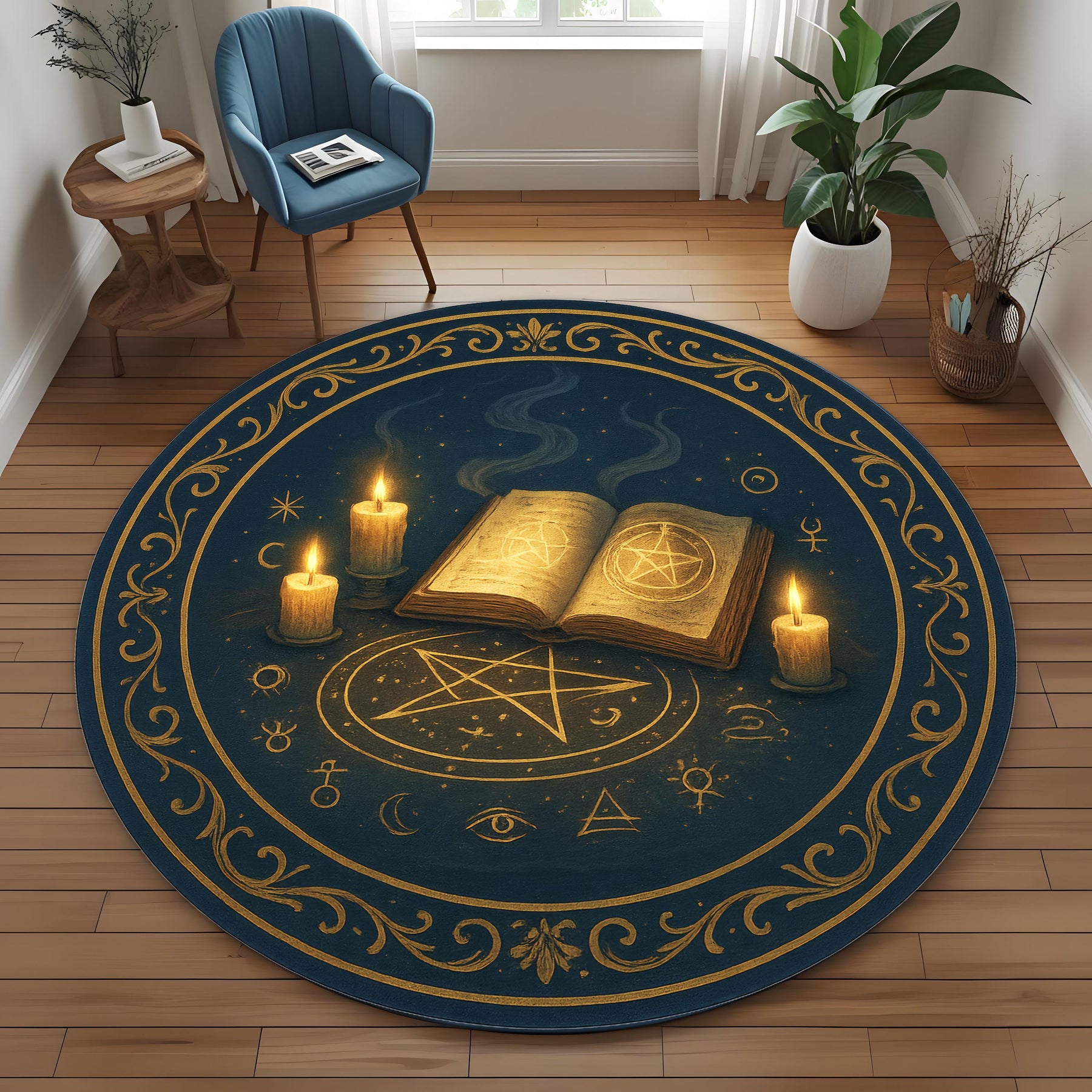 Witchy Spell Circle Rug, Round Witchcraft Altar Rug, Magic Book Pentagram Rug, Occult Gothic Decor Mat, Washable Mystic Witch Rug