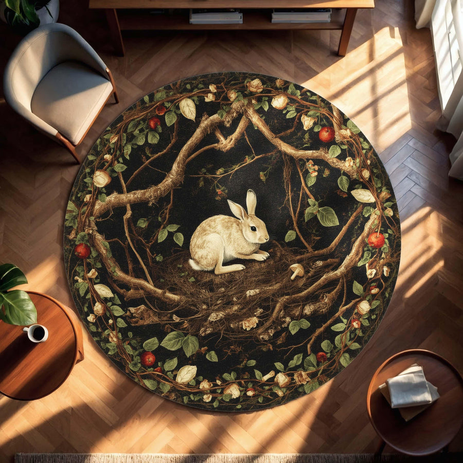 Cottagecore Hare Round Rug, Fairytale Forest Rabbit Carpet with Dark Floral Frame