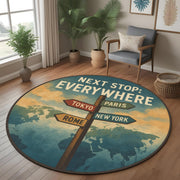 Round Travel Quote Rug, Signpost and World Map Carpet for Wanderlust and Adventure Lovers