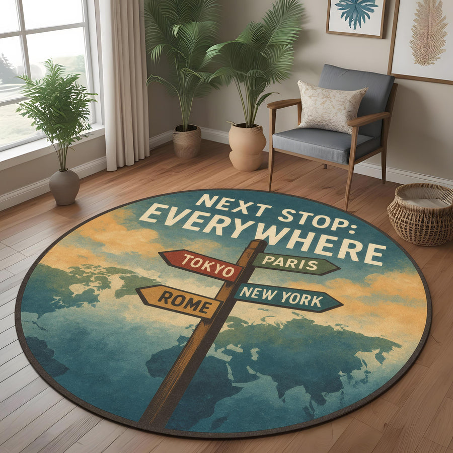 Round Travel Quote Rug, Signpost and World Map Carpet for Wanderlust and Adventure Lovers