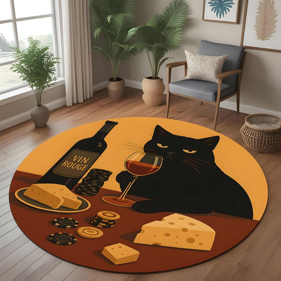 Whimsical Cat Wine & Cheese Round Rug: Quirky Home Decor for Pet Lovers and Party Enthusiasts