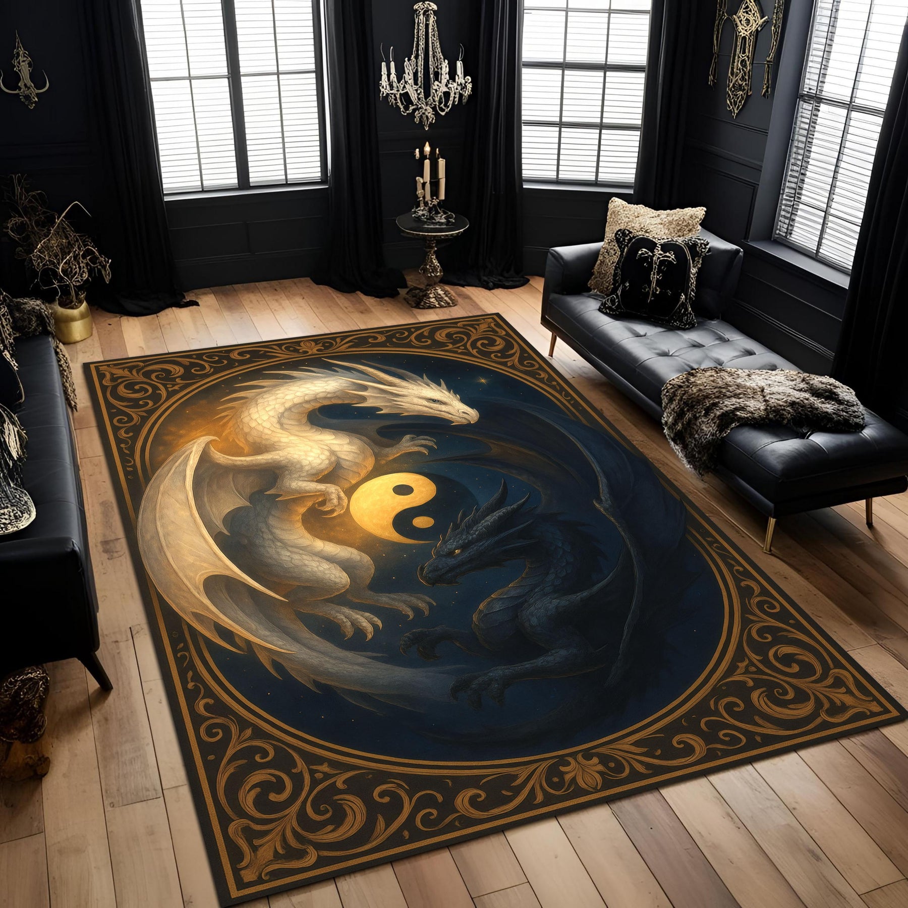 Yin Yang Dragon Rug, Fantasy Gothic Rug with White & Black Dragons, Symbolic Washable Rug, Mystic Creature Carpet, Balance Energy Area Rug