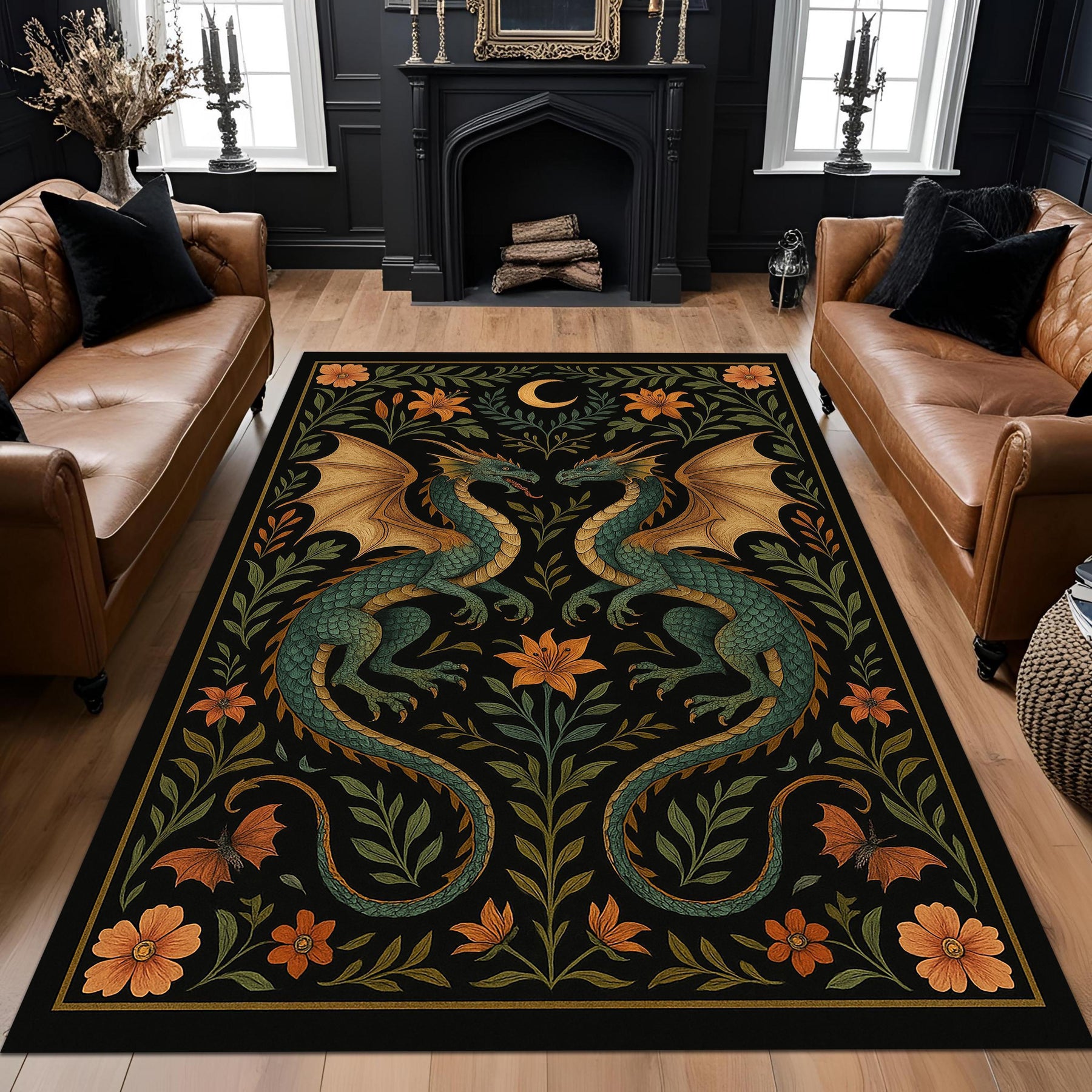 Dragon Garden Rug: Gothic Fantasy Carpet with Twin Green Dragons, Botanical Motifs and Moon Symbol for Dark Magical Living Rooms
