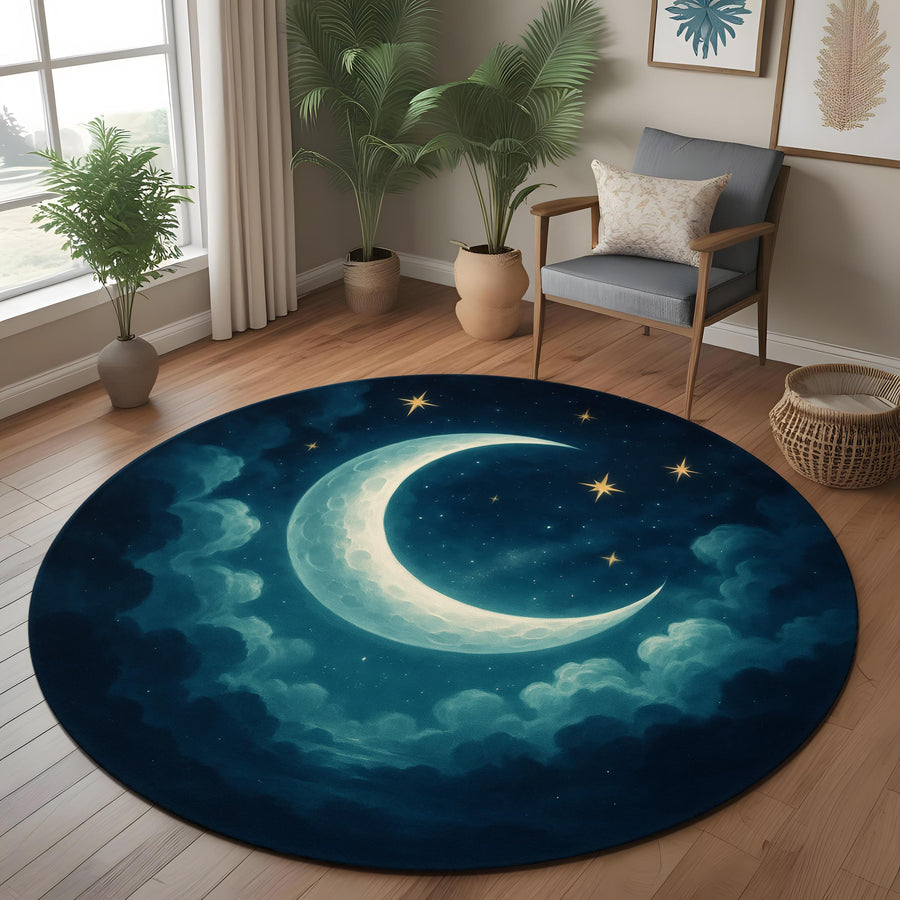 Celestial Moon Rug: Round Night Sky Carpet With Crescent Moon And Stars, Soothing Cosmic Decor For Bedroom Or Meditation Corners