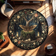 Witchy Moth Round Rug | Gothic Altar Decor Fairycore Carpet with Candle, Tree & Spell Book Mystical Spirit Tapestry for Dark Rooms