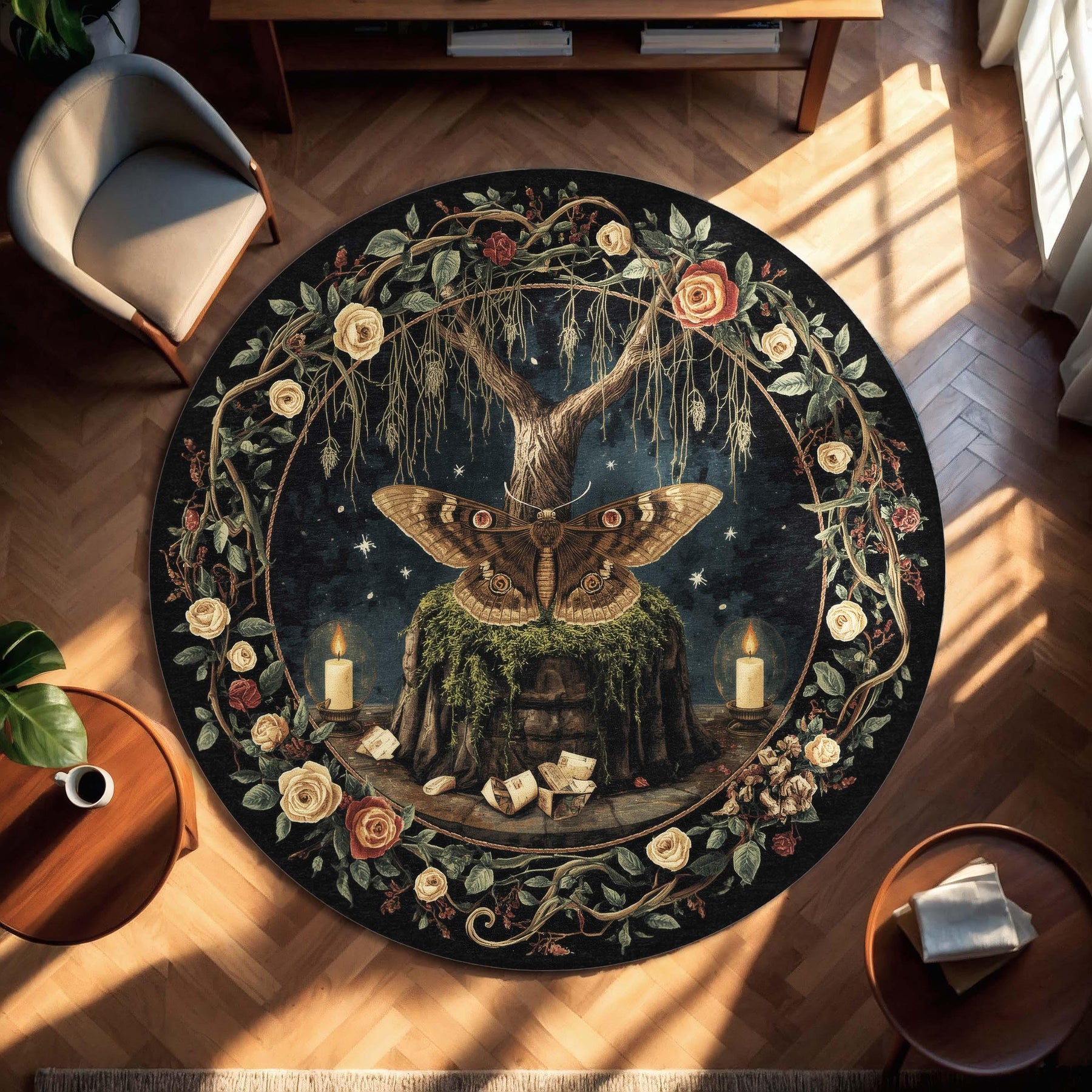 Witchy Moth Round Rug | Gothic Altar Decor Fairycore Carpet with Candle, Tree & Spell Book Mystical Spirit Tapestry for Dark Rooms